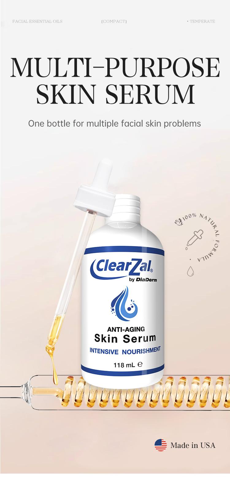 ClearZal by DiaDerm Anti-Aging Skin Serum 4 oz - All Natural Moisture Embracing Formula with Essential Oils for Dryness Relief & Elasticity Restoration - Alcohol-Free, Non-Greasy, Hydrating Moisturizer