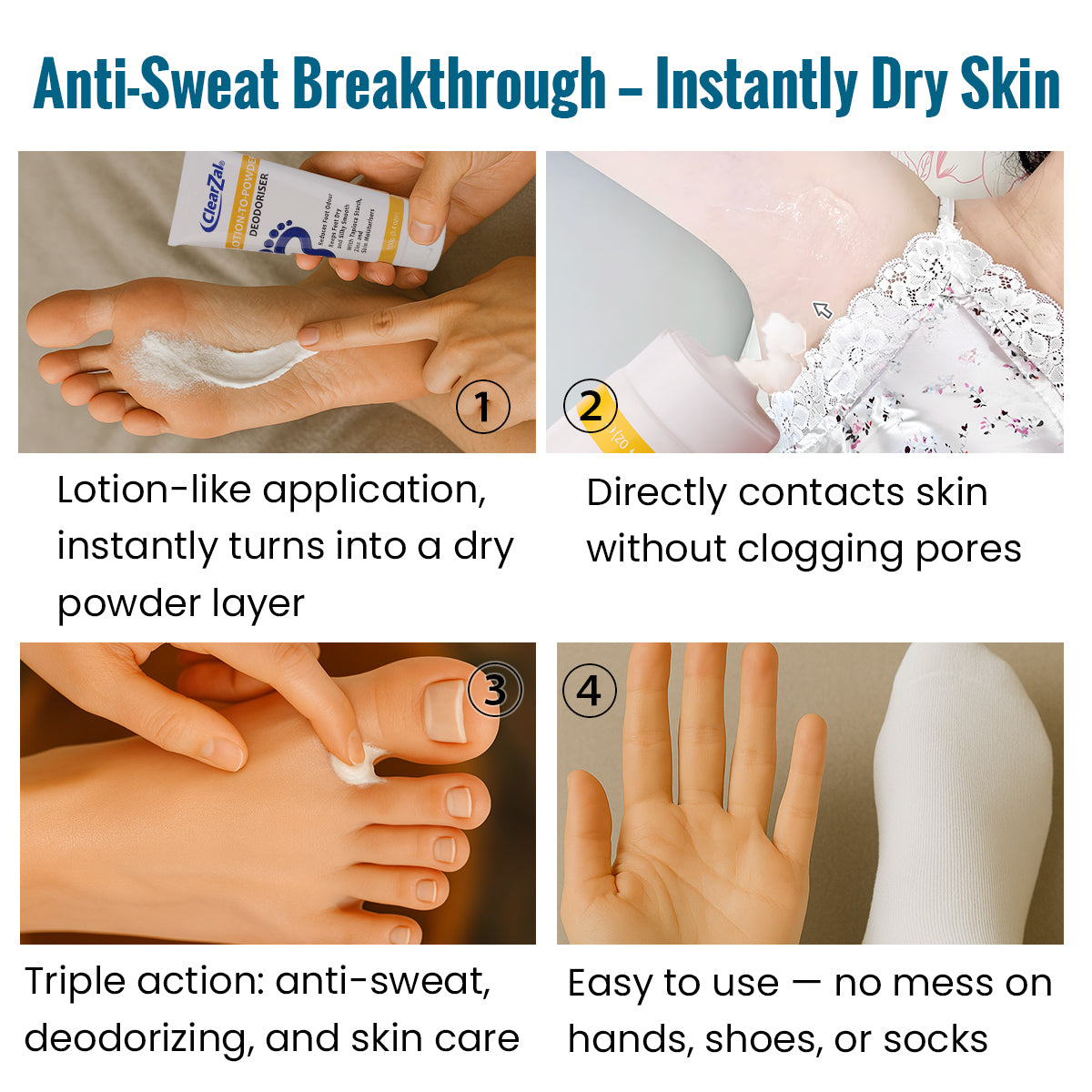 ClearZal Lotion-To-Powder Deodoriser, hyperhidrosisre commended solution to stop sweaty, smelly feet, Helps prevent blisters, Great for hyperhidrosis