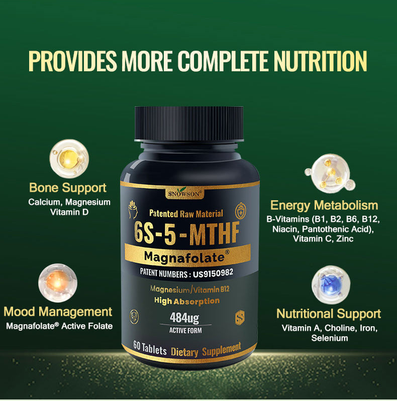 SNOWSON 6S-5-MTHF- Methylfolate (Active B9 Folate) Supplement - Supports Mood, Methylation, Cognition,CardiovascularHealth, Nerve Health,Energy Metabolism,gut health- 60 Tablets 484ug folate.