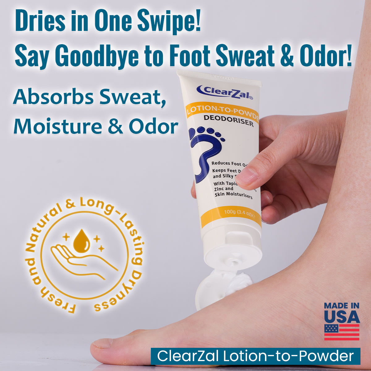 ClearZal Lotion-To-Powder Deodoriser, hyperhidrosisre commended solution to stop sweaty, smelly feet, Helps prevent blisters, Great for hyperhidrosis