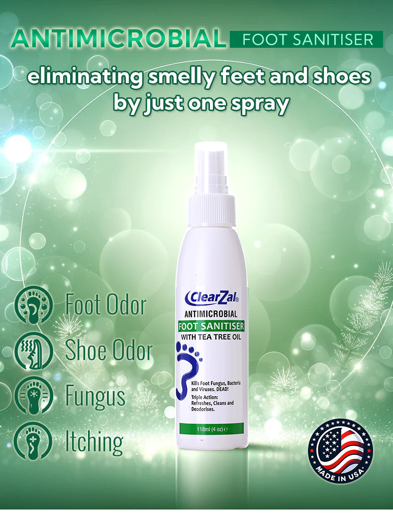 ClearZal Antimicrobial Foot Sanitizer with Tea Tree Oil, 4-Ounce Bottle - Refreshing and Long-lasting Disinfectant with Natural Ingredients