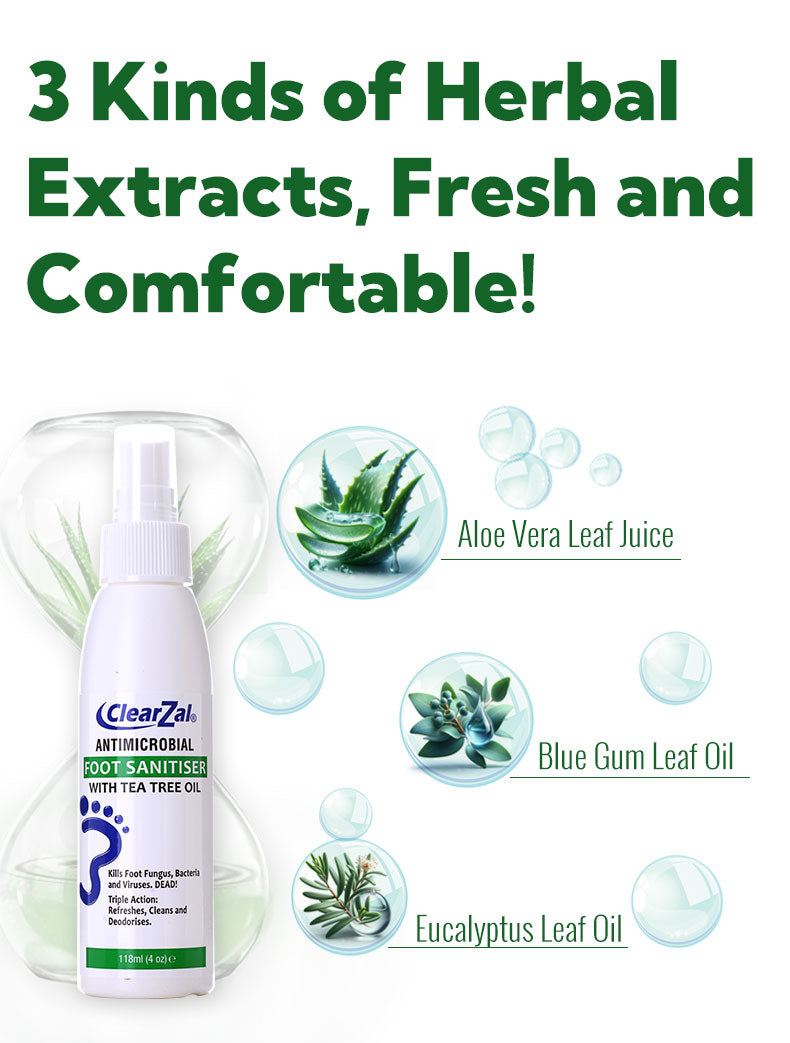 ClearZal Antimicrobial Foot Sanitizer with Tea Tree Oil, 4-Ounce Bottle - Refreshing and Long-lasting Disinfectant with Natural Ingredients